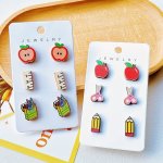 3PAIRS Teacher's Day Wooden Cartoon Stud Earrings Set Back To School Season Apple Pencil Ruler Crayon Scissors Funny Holiday Gif