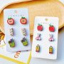 3PAIRS Teacher's Day Wooden Cartoon Stud Earrings Set Back To School Season Apple Pencil Ruler Crayon Scissors Funny Holiday Gift Ear Accessories Set