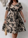 Plus Size Floral Print Pleated Belted Dress Vacation Style Short Sleeve V Neck Swing Dress For Spring & Summer Women's Plus Size