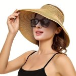 1 PC Women's Foldable Straw Sun Hat With Wide Brim Bowknot Decor And Ponytail Opening - Perfect For The Beach And Outdoor Activi