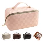 Large Capacity Travel Cosmetic Bag For Women - Pu Leather Waterproof Multifunctional Makeup Organizer - Plaid Checkered Makeup B