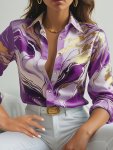 Allover Print Lapel Neck Blouse Casual Button Front Long Sleeve Blouse For Spring & Fall Women's Clothing