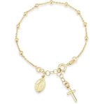 S925 Sterling Silver Rosary Cross Bead Charm Link Chain Bracelet - Gold