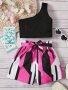 1 Set Girl's One-shoulder Top + Geometric Shorts - Spring & Summer Comfy Cute Casual Outfit As Gift