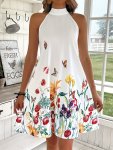Floral & Butterfly Print Halter Neck Dress Vacation Style Sleeveless Trapeze Dress For Spring & Summer Women's Clothing For Eleg