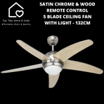 Satin Chrome & Wood Remote Control 5 Blade Ceiling Fan With Light - 132CM