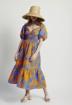 Shirring Curved Band Dress With Pockets - Bright Orange Blue