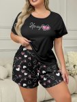 Women's Plus Casual Pajama Set Plus Size Heart & Letter Print Short Sleeve Crew Neck T-Shirt & Shorts Sleepwear 2 Piece Set