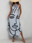 Figure Print Halter Neck Dress Casual Sleeveless Dress For Spring & Summer Women's Clothing