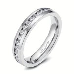 Elegant Titanium Steel Ring With 6MM Round Cubic Zirconia - Silvery Wedding Band Engagement Gift Jewelry