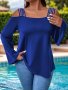 Plus Size Solid Cold Shoulder T-Shirt Elegant Flare Long Sleeve Top For Spring & Fall Women's Plus Size Clothing