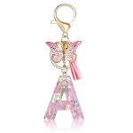 Fmeida Pink Keychain Initial Letter Keychains For Women Cute Butterfly Keychain With Tassel A