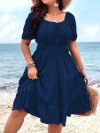 Plus Size Solid Ruched Tiered Dress Casual Tie Front Short Sleeve Dress For Spring & Summer Women's Plus Size Clothing