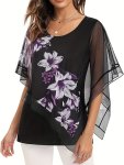 Plus Size Floral Pattern Top Casual Crew Neck Top For Spring & Summer Women's Plus Size Clothing