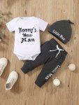 2PCS Baby's "mommy's New Man" Print Short Sleeve Set Cotton Bodysuit & Hat & Pants Baby Boy's Clothing As Gift