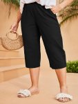Plus Size Solid Color Capris Pants Casual Elastic Waist Pocket Straight Leg Crop Pants For Spring & Summer Women's Plus Size Clo