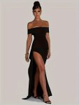 Backless Off Shoulder Slit Dress Elegant Solid Color Slim Dress For Spring & Summer Women's Clothing