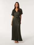 Chelsea Flutter Sleeve Satin Maxi Dress - 20 Olive