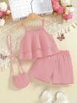Girls Solid Classy Outfit Layered Hem Cami Top & Shorts Cute Summer Clothes