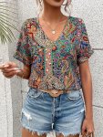 Paisley Print V Neck Blouse Elegant Short Sleeve Blouse For Spring & Summer Women's Clothing