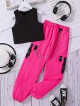 2PCS Girls Casual Crop Tank Top + Chain Pocket Cargo Pants Set Trendy 2PCS For Sports Daily