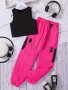 2pcs Girls Casual Crop Tank Top + Chain Pocket Cargo Pants Set Trendy 2PCS For Sports Daily
