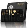 24PCS Black Handle Golden Cutlery Set Stainless Steel Knife Fork Spoon Tableware Flatware Set Festival Kitchen Dinnerware Gift