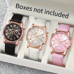 Elegant 3PCS Women's Quartz Watch Set With Faux Leather Straps - Perfect Gift For Her