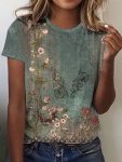 Floral Print Crew Neck T-Shirt Casual Short Sleeve Top For Spring & Summer Women's Clothing