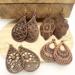 4 Pairs Set Vintage Carved Flower Pattern Dangle Earrings Elegant Retro Style Wooden Jewelry Delicate Female Gift