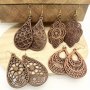 4 Pairs/ Set Vintage Carved Flower Pattern Dangle Earrings Elegant Retro Style Wooden Jewelry Delicate Female Gift