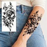 Waterproof Temporary Tattoo Stickers - Realistic Black Floral Designs For Arms Legs & Body - Includes Roses & Peonies - Perfect