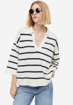 Collared Rib-knit Jumper - Cream Striped