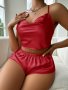 Women's Sexy Solid Satin Pajama Set Turtleneck Cross Strappy Backless Crop Cami Top & Shorts Comfortable Relaxed Fit