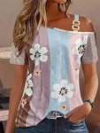 Floral Print Chain Strap T-Shirt Casual Asymmetrical Neck Cold Shoulder Short Sleeve Top For Spring & Summer Women's Clothing