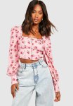 Floral Puff Sleeve Corset Top - Pink