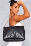 Black Padded Soft Pu Chain Shoulder Bag - Black