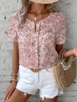 Floral Print Notched Neck Blouse Elegant Short Sleeve Blouse For Spring & Summer Women's Clothing