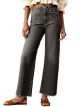 Cicy Bell Womens High Waisted Cropped Jeans Trendy Stretchy Baggy Straight Leg Raw Hem Capri Denim Pants Grey