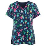 Scrub Tops Women Stretchy Womens Scrub Tops Fashion Printed Work Uniform T-Shirt V Neck Short Sleeve Nurse Scrub Tunic Blouse Wi