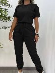 Solid Color Two-piece Set Casual Short Sleeve Crew Neck T-Shirt & Drawstring Waist Fitted Bottom Joggers Outfits Women's Clothin