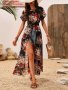 Floral Print Split Hem Tunics Elegant Crew Neck Short Sleeve Maxi Tunics For Spring & Summer Women's Clothing