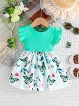 Baby's Cartoon Butterfly Leaves Pattern Splicing Flutter Sleeve Dress Infant & Toddler Girl's Dress For Daily Wear holiday party
