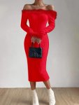 Faux Fur Trim Off-shoulder Dress Solid Color Long Sleeve Slim Dress Women's Clothing