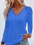 Contrast Lace V-neck Eyelet T-Shirt Elegant Long Sleeve T-Shirt For Spring & Fall Women's Clothing