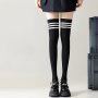 1 PAIR/2 Pairs And Other Specifications Japanese College Style Cotton Thick Black And White Striped Stockings Three Stripes Over The Knee High Socks