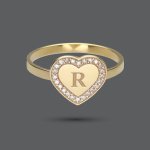 Gold Initial Heart Diamond Signet Ring