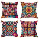 4-PIECE Set Of Vibrant Mandala And Checkered Cushion Covers - Bohemian Style Modern And Fashionable Decorative Pillowcases Suita