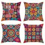 4-piece Set Of Vibrant Mandala And Checkered Cushion Covers - Bohemian Style Modern And Fashionable Decorative Pillowcases Suitable For Sofas Living Rooms Sofas Outdoor