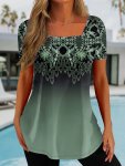 Tribal Print Square Neck T-Shirt Casual Gradient Short Sleeve Top For Spring & Summer Women's Clothing